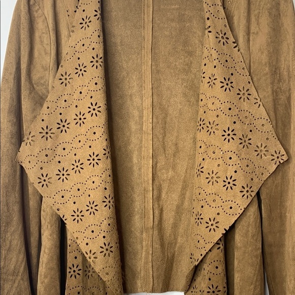 American Rag | Chestnut Brown Faux Suede Open Front Laser-cut Waterfall Top L - Picture 8 of 17
